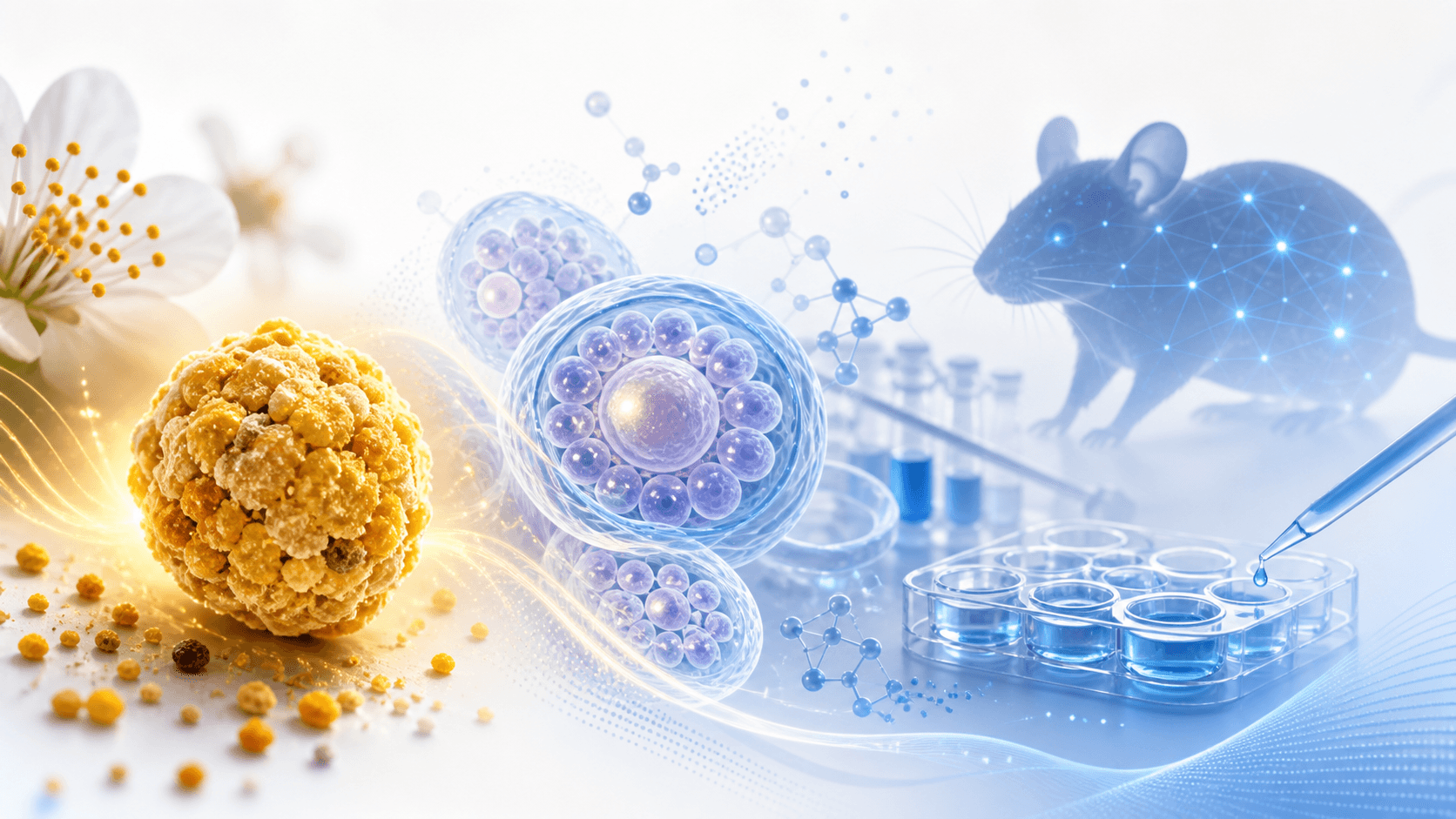 Scientific visualization of bee pollen beside an ovarian follicle representing fertility research.