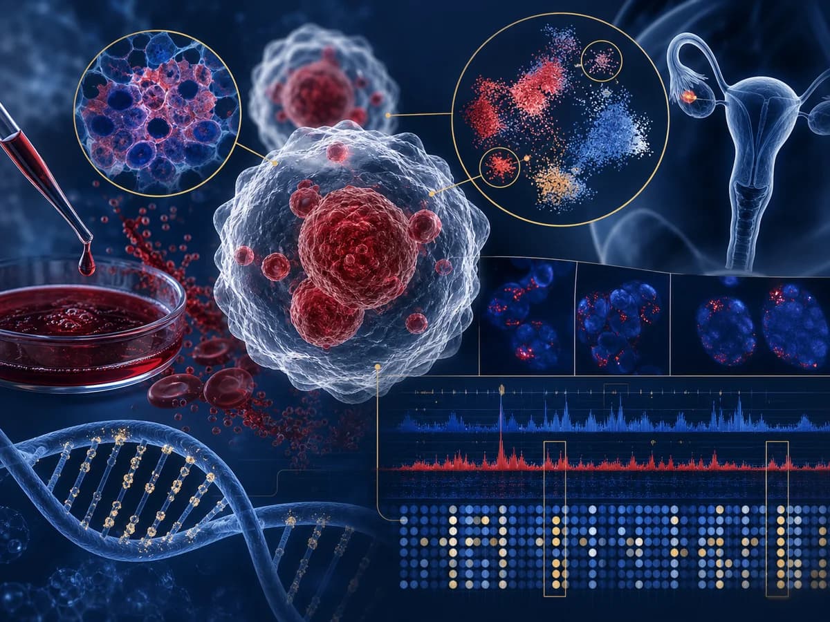 Editorial visual showing biomarker discovery in menstrual blood for endometriosis research.