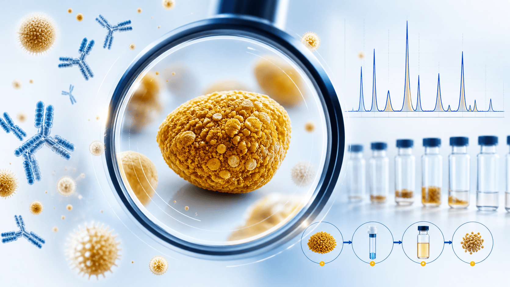 Scientific visualization of bee pollen being analysed for allergens and contaminants.