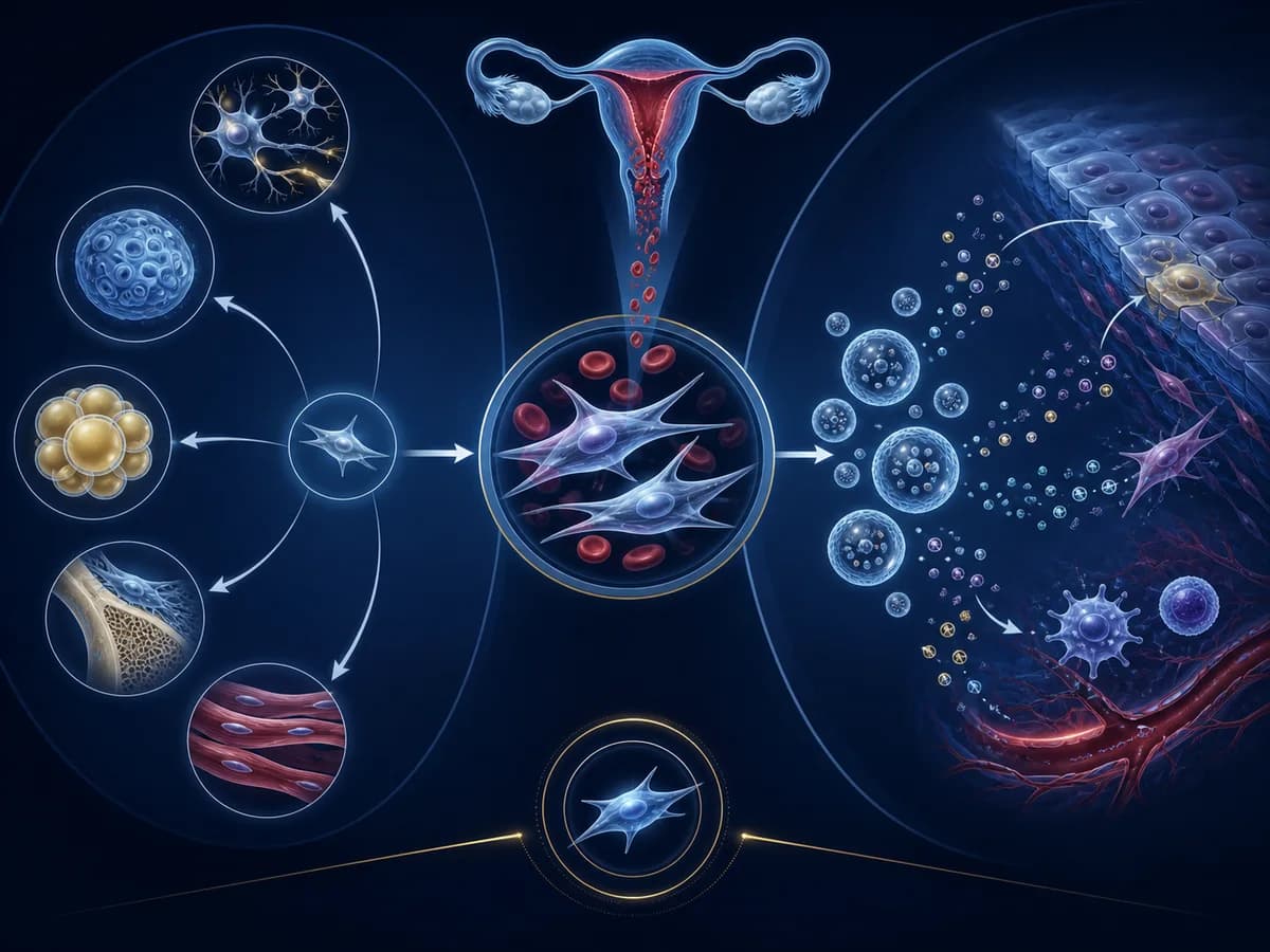 Editorial illustration comparing cell differentiation with paracrine signaling by menstrual blood-derived stromal cells.