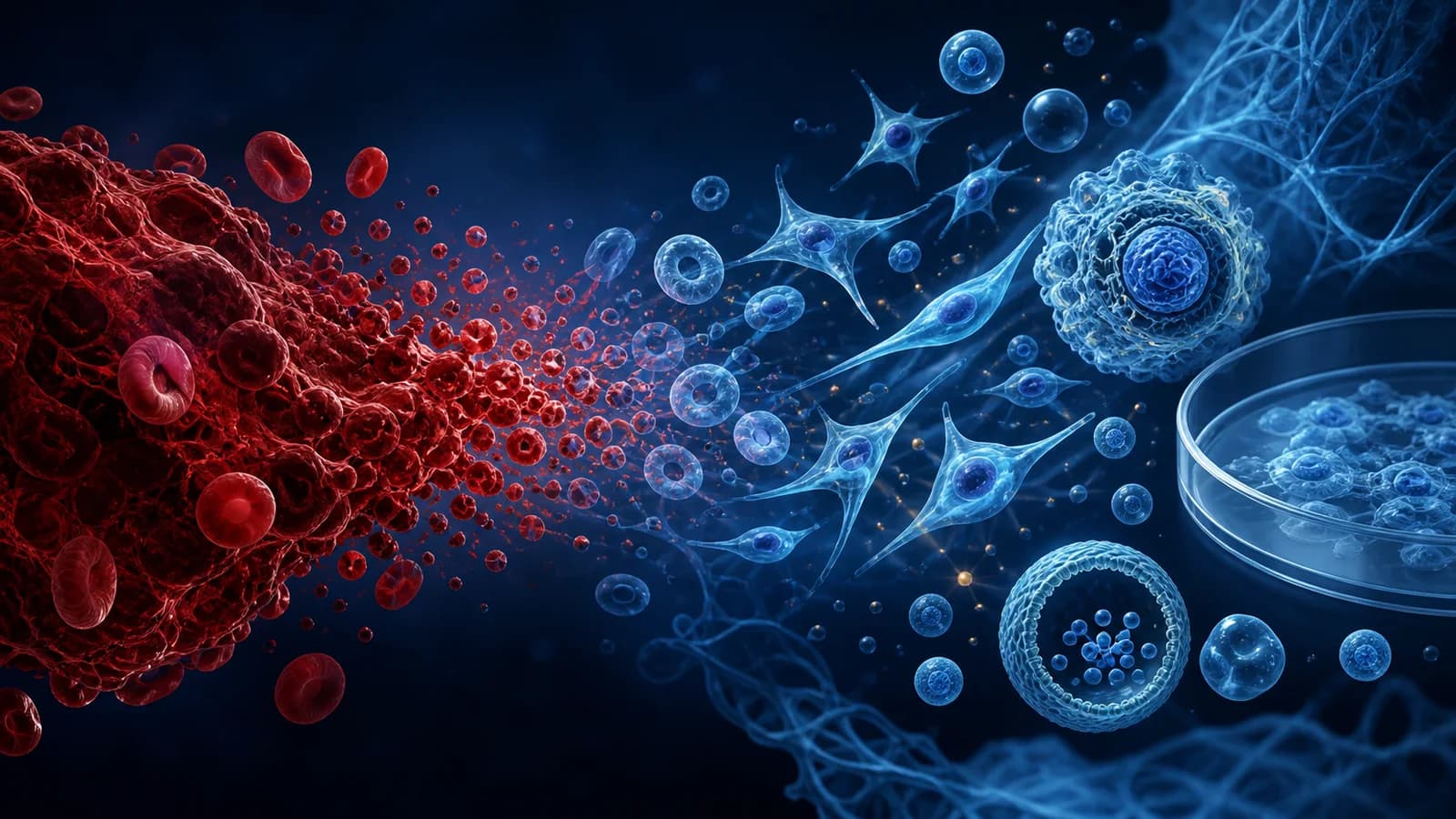 Science Hero header image showing menstrual blood stem cells transitioning from a red biological sample to blue cell-culture structures.