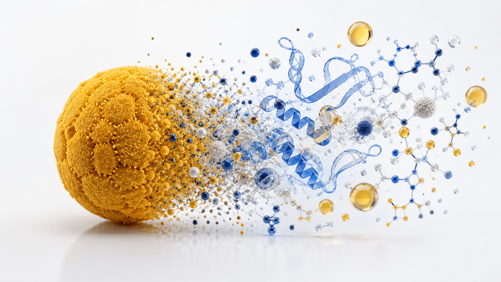 Scientific visualization of a bee pollen granule transitioning into molecular and nutrient structures.