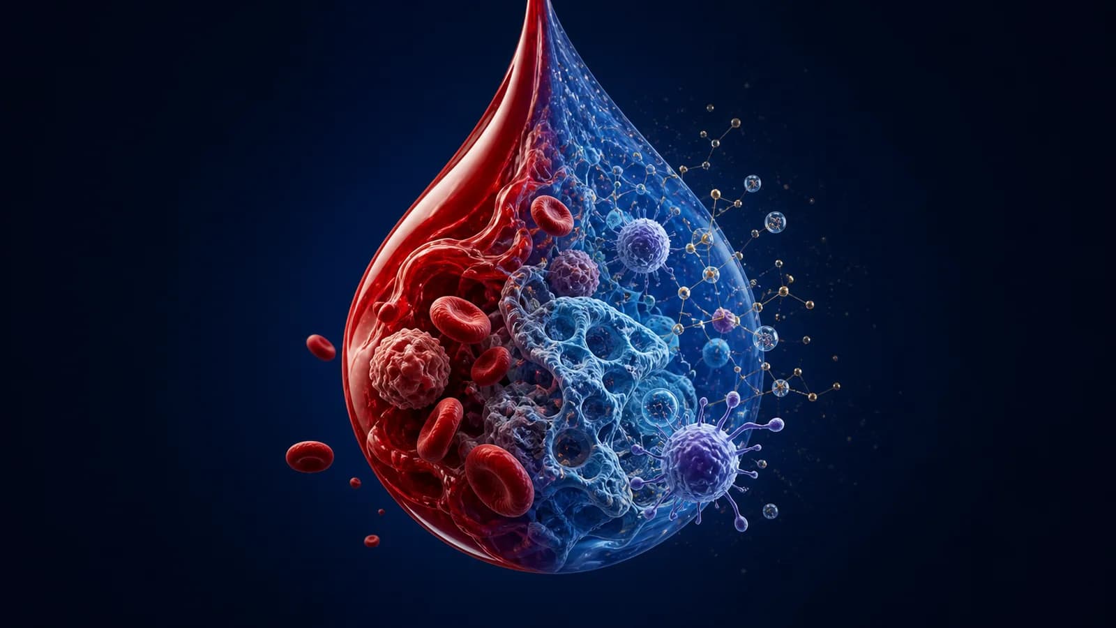 Stylized Science Hero header image showing menstrual blood as a complex biological sample with cells and molecular structures.